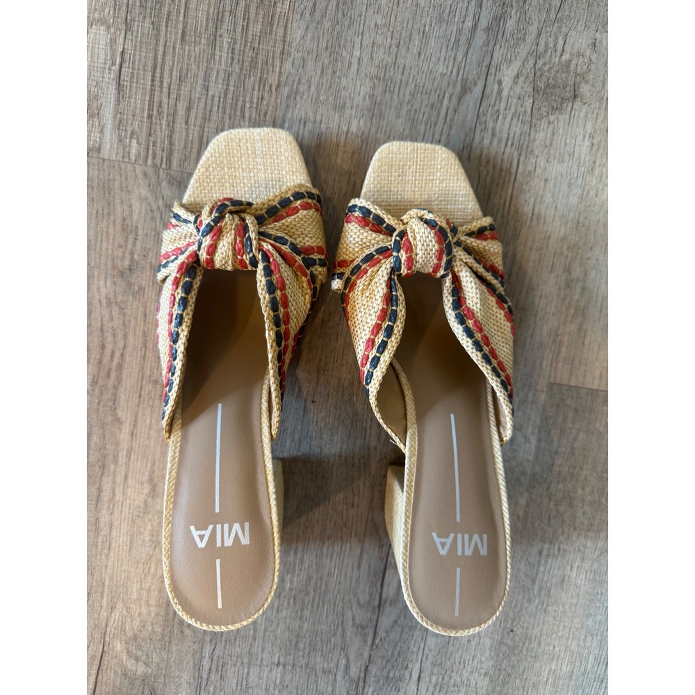 MIA Raffia Block Heel Slide Sandals Knotted Woven‎ Red Navy Blue Mules Womens 9